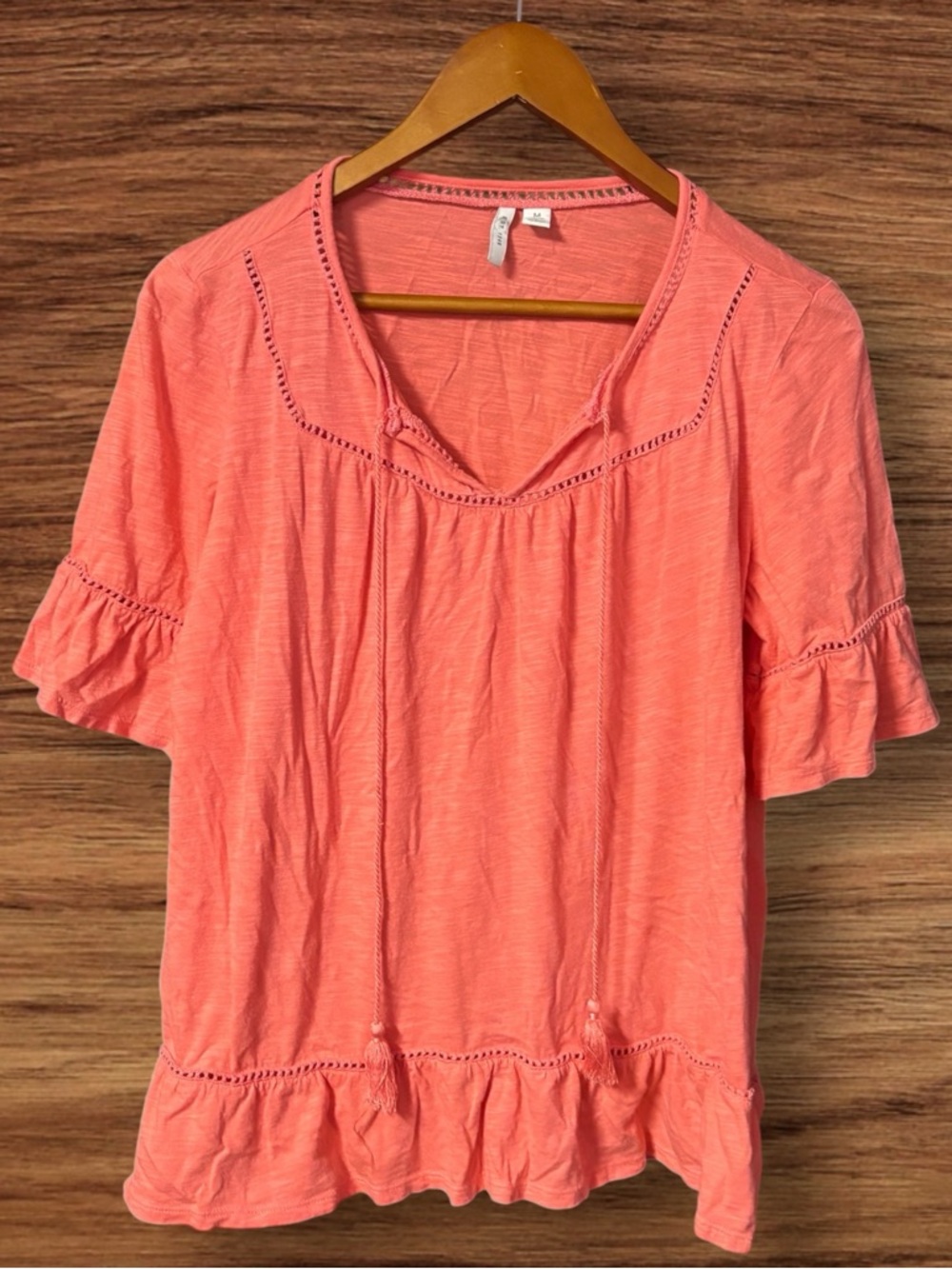 Cato Fashions Women’s Coral 3/4 Sleeve Ruffle Peasant Blouse